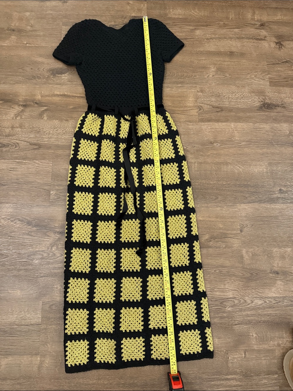 Vintage Latchhook Black & Gold Crochet Maxi Dress Zip Back
